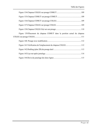 Table des Figures
P a g e xii
Figure 134:Chapeau COLEG sur posage COMUT....................................................109
Figure 135:Chapeau COMUT sur posage COMUT...................................................109
Figure 136:Chapeau COMUT sur posage COLEG....................................................109
Figure 137:Chapeau COLEG sur posage COLEG .....................................................109
Figure 138:Chapeau COLEG fixé sur son posage......................................................110
Figure 139:Placement du chapeau COMUT dans la position actuel du chapeau
COLEG sur posage COLEG...................................................................................................111
Figure 140: Posage avec modification........................................................................112
Figure 141:Vérification de l'emplacement du chapeau COLEG ................................112
Figure 142:Drafting (plan 2D) du posage duel...........................................................113
Figure 143:Lay-out après jumelage............................................................................114
Figure 144:Devis du jumelage des deux lignes ..........................................................115
 