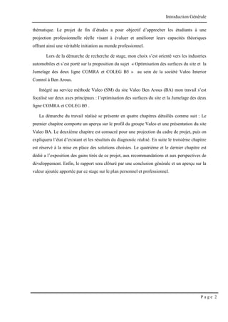 Introduction Générale
P a g e 2
thématique. Le projet de fin d’études a pour objectif d’approcher les étudiants à une
projection professionnelle réelle visant à évaluer et améliorer leurs capacités théoriques
offrant ainsi une véritable initiation au monde professionnel.
Lors de la démarche de recherche de stage, mon choix s’est orienté vers les industries
automobiles et s’est porté sur la proposition du sujet « Optimisation des surfaces du site et la
Jumelage des deux ligne COMRA et COLEG B5 » au sein de la société Valeo Interior
Control à Ben Arous.
Intégré au service méthode Valeo (SM) du site Valeo Ben Arous (BA) mon travail s’est
focalisé sur deux axes principaux : l’optimisation des surfaces du site et la Jumelage des deux
ligne COMRA et COLEG B5 .
La démarche du travail réalisé se présente en quatre chapitres détaillés comme suit : Le
premier chapitre comporte un aperçu sur le profil du groupe Valeo et une présentation du site
Valeo BA. Le deuxième chapitre est consacré pour une projection du cadre de projet, puis on
expliquera l’état d’existant et les résultats du diagnostic réalisé. En suite le troisième chapitre
est réservé à la mise en place des solutions choisies. Le quatrième et le dernier chapitre est
dédié a l’exposition des gains tirés de ce projet, aux recommandations et aux perspectives de
développement. Enfin, le rapport sera clôturé par une conclusion générale et un aperçu sur la
valeur ajoutée apportée par ce stage sur le plan personnel et professionnel.
 
