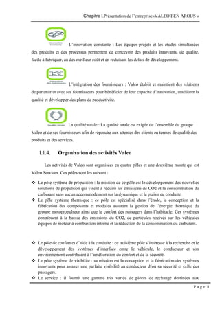 Chapitre I.Présentation de l’entreprise«VALEO BEN AROUS »
P a g e 8
L’innovation constante : Les équipes-projets et les études simultanées
des produits et des processus permettent de concevoir des produits innovants, de qualité,
facile à fabriquer, au des meilleur coût et en réduisant les délais de développement.
L’intégration des fournisseurs : Valeo établit et maintient des relations
de partenariat avec ses fournisseurs pour bénéficier de leur capacité d’innovation, améliorer la
qualité et développer des plans de productivité.
La qualité totale : La qualité totale est exigée de l’ensemble du groupe
Valeo et de ses fournisseurs afin de répondre aux attentes des clients en termes de qualité des
produits et des services.
I.1.4. Organisation des activités Valeo
Les activités de Valeo sont organisées en quatre pôles et une deuxième monte qui est
Valeo Services. Ces pôles sont les suivant :
 Le pôle système de propulsion : la mission de ce pôle est le développement des nouvelles
solutions de propulsion qui visent à réduire les émissions de CO2 et la consommation du
carburant sans aucun accommodement sur la dynamique et le plaisir de conduite.
 Le pôle système thermique : ce pôle est spécialisé dans l’étude, la conception et la
fabrication des composants et modules assurant la gestion de l’énergie thermique du
groupe motopropulseur ainsi que le confort des passagers dans l’habitacle. Ces systèmes
contribuent à la baisse des émissions du CO2, de particules nocives sur les véhicules
équipés de moteur à combustion interne et la réduction de la consommation du carburant.
 Le pôle de confort et d’aide à la conduite : ce troisième pôle s’intéresse à la recherche et le
développement des systèmes d’interface entre le véhicule, le conducteur et son
environnement contribuant à l’amélioration du confort et de la sécurité.
 Le pôle système de visibilité : sa mission est la conception et la fabrication des systèmes
innovants pour assurer une parfaite visibilité au conducteur d’où sa sécurité et celle des
passagers.
 Le service : il fournit une gamme très variée de pièces de rechange destinées aux
 