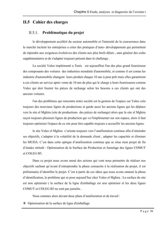 Chapitre II.Etude, analyses et diagnostic de l’existan t
P a g e 50
II.5 Cahier des charges
II.5.1. Problématique du projet
le développement accéléré du secteur automobile et l'intensité de la concurrence dans
le marché incitent les entreprises a créer des pratiques d’auto- développement qui permettent
de répondre aux exigences évolutives des clients aux plus brefs délais , sans générer des coûts
supplémentaires et de s'adapter toujours présent dans le challenge .
La société Valeo implémenté a Tunis est aujourd'hui l'un des plus grand fournisseur
des composants des voitures des industries mondiale d'automobile, et comme il est connu les
industrie d'automobile changent leurs produit chaque 10 ans à peut prêt mais elles garantirent
a ces clients un service après vente de 10 ans de plus qui le charge a leurs fournisseurs comme
Valeo qui doit fournir les pièces de rechange selon les besoins a ces clients qui ont des
anciens voitures.
l'un des problèmes qui rencontre notre société est la gestion de l'espace car Valeo crée
toujours des nouveaux lignes de productions et garde aussi les anciens lignes qui les déplace
vers la site el Mghira (site de productions des pièces de rechange) alors que la site el Mghira
reçoit toujours plusieurs lignes de production qui va l'implémenter sur son espace, alors il faut
toujours optimiser l'espace de ce site pour être capable toujours a accueillir les anciens lignes.
le site Valeo el Mghira s’oriente toujours vers l’amélioration continue afin d’atteindre
ses objectifs, s’adapter à la volatilité de la demande client , adapter les capacités et éliminer
les MUDA. C’est dans cette optique d’amélioration continue que se situe mon projet de fin
d’études intitulé : Optimisation de la Surface du Production et Jumelage des lignes COMUT
et COLEG B5.
Dans ce projet nous avons mené des actions qui vont nous permettre de réaliser nos
objectifs sachant qu’avant d’entreprendre la phase consacrée à la réalisation du projet, il est
préliminaire d’identifier le projet. C’est à partir de ces idées que nous avons entamé la phase
d’identification, le problème qui se pose aujourd’hui chez Valeo el Mghira : La surface du site
est non optimisée ( la surface de la ligne d'emballage est non optimiser et les deux lignes
COMUT et COLEG B5 ne sont pas jumelés .
Nous sommes alors devant deux plans d’amélioration et de travail :
 Optimisation de la surface de ligne d'emballage
 