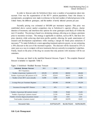 MSMII -Final Marketing Plan
Gilead- Sofosbuvir
11
In order to forecast sales for Sofosbuvir there were a number of assumptions taken into
account. First was the segmentation of the HCV+ patient population. Since this disease is
asymptomatic, assumptions were made in reference to the total number of infected persons in the
United States, the different genotypes, and the number of newly infected persons per year.
Secondly pricing was estimated at $85,000 per treatment regimen. This price was
established above current market competitors due to Sofosbuvir’s superior efficacy, shorter
duration of treatment, and interferon-free options for some genotypes (and likely all within the
next 12 months). The pricing is based on a skimming strategy, allowing us to charge a premium
price to maximize revenues. The strategy is applicable in markets, such as HCV, that have low
price elasticity while achieving short-term profits quickly; allowing for quick amortization of
research and development expenditures while creating a margin for future price reductions if
necessary.30 To make Sofosbuvir a more appealing treatment option to payors, we are estimating
a 30% discount to the cost of the treatment regimen. The discount will be increased to 35% in
outer years as a way to compete with new treatments that are currently in competitor’s pipelines.
Finally, based on the price of the drug we assume that only patients with insurance will be our
customers.
Revenues are listed in the modified financial forecast, Figure 3. The complete financial
forecast is included in Appendix Table 6.
Figure 3: Sofosbuvir Modified Revenue Forecast
Sofosbuvir Revenue Forecast 2013 2014 2015 2016
HCV Population:
Number of genotype 1 patients in US 659,250 667,838 600,962 468,684
Number of genotypes 2&3 patients in US 219,750 222,613 200,321 156,228
Number of new HCV cases annually 16,500 16,500 16,500 16,500
Average Price per Treatment Regimen - $59,500 $59,500 $55,250
Insurance Coverage HCV Patients 56% 65% 66% 68%
Number of genotype 2&3 patients treated - 35,896 39,664 31,636
Number of genotype 1 patients treated - 21,538 59,495 47,454
Number of newly diagnosed patients treated - 2,661 3,812 3,341
Total number of patients treated - 60,095 102,970 82,432
Forecasted Sales - $3,575,631,675 $6,126,732,612 $4,554,346,551
Life Cycle Management
 