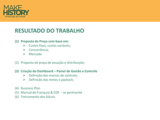 RESULTADO DO TRABALHO
(1) Proposta de Preço com base em:
 Custos fixos, custos variáveis;
 Concorrência;
 Mercado
(2) Proposta de praça de atuação e distribuição;
(3) Criação do Dashboard – Painel de Gestão e Controle
 Definição dos marcos de controle;
 Definição das metas e payback;
(4) Business Plan
(5) Manual de Franquia & COF - se pertinente
(6) Treinamento dos Sócios
 