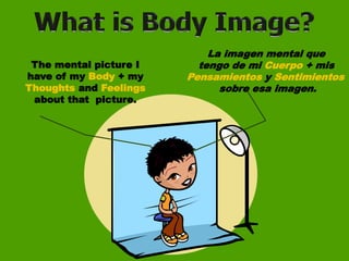 The mental picture I
have of my Body + my
Thoughts and Feelings
about that picture.
La imagen mental que
tengo de mi Cuerpo + mis
Pensamientos y Sentimientos
sobre esa imagen.
 
