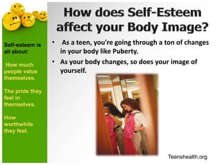 • As a teen, you're going through a ton of changes
in your body like Puberty.
• As your body changes, so does your image of
yourself.
Teenshealth.org
Self-esteem is
all about:
How much
people value
themselves.
The pride they
feel in
themselves.
How
worthwhile
they feel.
 