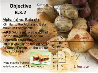 Objective B.3.2 Alpha ( α ) vs. Beta ( β ) Similar to the Alpha and Beta structures of glucose ARB  (Alpha   ( α ): on the  right  of C2 for straight-chain, on the  bottom  for ring structure) BLT  (Beta   ( β ): on the  left  of C2 for straight-chain, on the  top  for ring structure) Note that the fructose  variations occur at  C2 , and not C1. Draw the straight-chain and ring structural formulas of glucose and fructose 