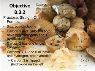 Objective B.3.2 Fructose: Straight-Chain Formula 6-carbon backbone Carbon 1 and Carbon 6 both have two hydrogens and 1 hydroxide Carbon 2 has one single Oxygen Carbons 3, 4, and 5 all have one hydrogen, one hydroxide Carbon 3 is flipped (hydroxide on the left) Draw the straight-chain and ring structural formulas of glucose and fructose 