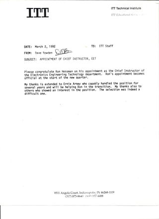 ITT 1992  Promotion to Chief Instrustor note to staff