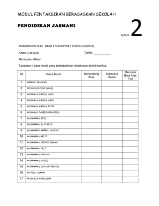 MODUL PENTAKSIRAN BERASASKAN SEKOLAH
PENDIDIKAN JASMANI
TAHUN

2

STANDARD PRESTASI : BAND 3 DESKRIPTOR 1 EVIDEN 2 (B3D1E2)
Kelas: 2 BESTARI

Tarikh: ___________

Manipulasi Alatan
Tandakan / pada murid yang berkebolehan melakukan aktiviti berikut.
Bil

Nama Murid

1

AMMAR ISKANDAR

2

IRSYADUDDIEN ISYRAQ

3

MOHAMAD AMIRUL AMIN

4

MOHAMAD AMIRUL AMRI

5

MOHAMAD AMIRUL FITRI

6

MOHAMAD FARIDZUAN AFIEQ

7

MUHAMMAD AFIQ

8

MUHAMMAD AL SYAFIQ

9

MUHAMMAD AMIRUL DANISH

10

MUHAMMAD ARIFF

11

MUHAMMAD DENNIS IQWAN

12

MUHAMMAD FAIZ

13

MUHAMMAD FARHAN

14

MUHAMMAD HAZIQ

15

MUHAMMAD ZUHAIRY MIFZAL

16

RAFFIQ HAIMAN

17

AFZANIZA YUSRIEINA

Menendang
Bola

Memukul
Belon

Memukul
Bola Atas
Tee

 