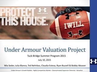Under Armour’s Growth Bubble - Highly Competitive Market – Overestimated Expansion Potential - Valuation
Under Armour Valuation Project
Mia Seder, Julia Blanco, Ted Nehrbas, Claudia Esteva, Ryan Buzzell & Bobby Weaver
July 10, 2015
Tuck Bridge Summer Program 2015
 