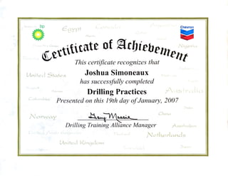 Joshua Simoneaux Drilling Practices Certificate 