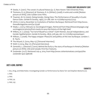 Forbes & Fifth
88
Stachelrodt Bibliography Cont.
◈◈ Steele, V. (2001). The corset: A cultural history (p. 1). New Haven: Yale University Press.
◈◈ Timmons, D. A. (Director), & Timmons, D. A. (Writer). (2008). A wink and a smile [Motion
picture on DVD]. USA: Golden Echo Films.
◈◈ Trautner, M. N. (2005). Doing Gender, Doing Class: The Performance of Sexuality in Exotic
Dance Clubs. Gender & Society, 19(6), 771-788. doi: 10.1177/0891243205277253
◈◈ Ulrich, E. (2013, December 5). Evolutions of fashion: Burlesque. Retrieved from http://www.
thewalkmagazine.com/?p=25548
◈◈ Wade, L. (2013, February 5). Sociological Images. Retrieved from http://thesocietypages.org/
socimages/2013/02/05/from-manly-to-sexy-the-history-of-the-high-heel/
◈◈ Wilkins, A. C. (2004). “So Full of Myself as a Chick”: Goth Women, Sexual Independence, and
Gender Egalitarianism. Gender & Society, 18(3), 328-349. doi: 10.1177/0891243204264421
◈◈ Willson, J. (2008). The happy stripper: Pleasures and politics of the new burlesque. London: I.
B. Tauris.
◈◈ The Wizard, E. (2014, May 15). [Personal interview].
◈◈ Wolf, S. (2014, May 17). [Personal interview].
◈◈ Zemeckis, L. (Director). (2010). Behind the burly q- the story of burlesque in America [Motion
picture on DVD]. USA and Canada: First Run Features.
◈◈ Zoolander. (n.d.). Retrieved July 4, 2014, from http://www.rottentomatoes.com/quiz/the-
zoolander-quiz-498708/
Just a GIRL (Bayne)
Endnotes
1. Sex, Drag, and Male Roles: Investigating Gender as Performance by Diane Torr and Stephen Bottoms (2).
2. Ibid.
3. Ibid.
4. Ibid, 34.
5. Ibid, 197.
 