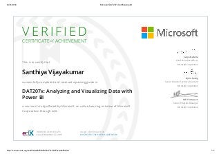 04/01/2016 Microsoft DAT207x Certificate | edX
https://courses.edx.org/certificates/8352363f161741f1967bc1abbff645db 1/1
V E R I F I E D
CERTIFICATE of ACHIEVEMENT
This is to certify that
Santhiya Vijayakumar
successfully completed and received a passing grade in
DAT207x: Analyzing and Visualizing Data with
Power BI
a course of study offered by Microsoft, an online learning initiative of Microsoft
Corporation through edX.
Satya Nadella
Chief Executive Officer
Microsoft Corporation
Björn Rettig
Senior Director Technical Content
Microsoft Corporation
Will Thompson
Senior Program Manager
Microsoft Corporation
VERIFIED CERTIFICATE
Issued December 22, 2015
VALID CERTIFICATE ID
8352363f161741f1967bc1abbff645db
 