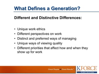What Defines a Generation?
Different and Distinctive Differences:
• Unique work ethics
• Different perspectives on work
• Distinct and preferred ways of managing
• Unique ways of viewing quality
• Different priorities that affect how and when they
show up for work
 