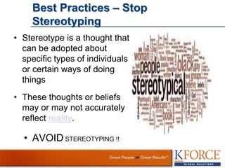 Best Practices – Stop
Stereotyping
• Stereotype is a thought that
can be adopted about
specific types of individuals
or certain ways of doing
things
• These thoughts or beliefs
may or may not accurately
reflect reality.
• AVOID STEREOTYPING !!
 
