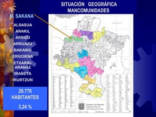 SITUACIÓN GEOGRÁFICA
MANCOMUNIDADES
M. SAKANA
ALSASUA
ARAKIL
ARBIZU
ARRUAZU
BAKAIKU
ERGOIENA
ETXARRI-
ARANAZ
IRAÑETA
IRURTZUN
20.776
HABITANTES
3,24 %
 