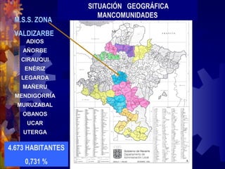SITUACIÓN GEOGRÁFICA
MANCOMUNIDADES
M.S.S. ZONA
VALDIZARBE
4.673 HABITANTES
0,731 %
ADIOS
AÑORBE
CIRAUQUI
ENÉRIZ
LEGARDA
MAÑERU
MENDIGORRÍA
MURUZABAL
OBANOS
UCAR
UTERGA
 