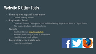Website & Other Tools
- Planning meetings and other events
- Outlook meeting requests
- Registration Forms
- Converted Personal Development Plan and Membership Registration forms to Digital Format
- Also created Qualtrics registration forms
- Website
- Established the url http://cwu.edu/b2b
- Attended web training in order to edit website
- establish central email address
- Facebook & other Social media
- created accounts/pages
 
