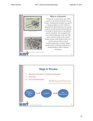 39
http://www.library.cmu.edu/Research/ArchArch/Charette/what.html
What is a Charrette?
“Charrette” evolved from a pre-1900
exercise at the Ecole des Beaux Arts in
France. Architectural students were given
a design problem to solve within an
allotted time. When that time was up, the
students would rush their drawings from
the studio to the Ecole in a cart called a
charrette. Students often jumped in the
cart to finish drawings on the way. The
term evolved to refer to the intense
design exercise itself. Today it refers to a
creative process akin to visual
brainstorming that is used by design
professionals to develop solutions to a
design problem within a limited
timeframe.
© Canada Post Corporation
40
Steps in Process
1. Research, Education, Charrette Preparation
2. Charrette
3. Plan Implementation
Research,
Education,
Prep.
Charrette
Plan
Implementation
www.charretteinstitute.org
Nathan Gauthier KIST - Advanced Sustainable Design September 17, 2012
20
 