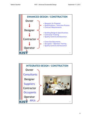 17
Designer
Owner
• Requests for Proposal
• Qualifications / Interview Process
• Contract Requirements
• Building Design & Specifications
• Contractor Training
• Quality Control and Assurance
• Close-Out Documents
• Occupant / Operator Training
• Quality Control and Assurance
Contractor
Operator
ENHANCED DESIGN / CONSTRUCTION
18
Designer
Owner
Contractor
Operator
Consultants
Suppliers
Occupants
AHJs
INTEGRATED DESIGN / CONSTRUCTION
Nathan Gauthier KIST - Advanced Sustainable Design September 17, 2012
9
 