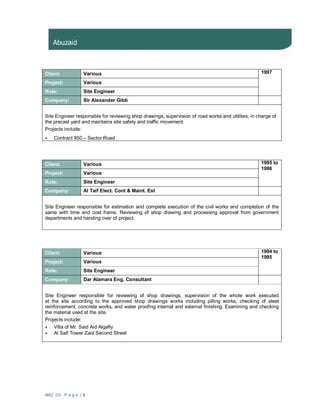 MAZ CV P a g e | 3
Abuzaid
Client: Various 1997
Project: Various
Role: Site Engineer
Company: Sir Alexander Gibb
Site Engineer responsible for reviewing shop drawings, supervision of road works and utilities, in charge of
the precast yard and maintains site safety and traffic movement.
Projects include:
· Contract 950 – Sector Road
Client: Various 1995 to
1996
Project: Various
Role: Site Engineer
Company: Al Taif Elect. Cont & Maint. Est
Site Engineer responsible for estimation and complete execution of the civil works and completion of the
same with time and cost frame. Reviewing of shop drawing and processing approval from government
departments and handing over of project.
Client: Various 1994 to
1995
Project: Various
Role: Site Engineer
Company: Dar Alamara Eng. Consultant
Site Engineer responsible for reviewing of shop drawings, supervision of the whole work executed
at the site according to the approved shop drawings works including pilling works, checking of steel
reinforcement, concrete works, and water proofing internal and external finishing. Examining and checking
the material used at the site.
Projects include:
· Villa of Mr. Said Aid Algafly
· Al Saif Tower Zaid Second Street
 