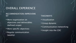 OVERALL EXPERIENCE
RECOMMENDATION/IMPROVEME
NT
• More organization on
objectives and deliverables
(defined scope)
• More specific objectives
• Regular communication
(weekly)
TAKEAWAYS
• Visualization
• Group dynamic
• Communication/networking
• Insight into the CDC
 
