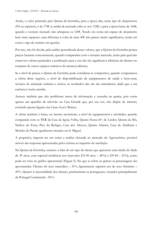 Vitório Fidalgo | ESHTE – Mestrado em Turismo
-84-
Assim, o valor praticado pela Quinta da Grotinha, para a época alta, neste tipo de alojamentos
(T4 ou superior), é de 174€ (a média de mercado cifra-se nos 132€) e para a época baixa de 164€,
quando o restante mercado não ultrapassa os 120€. Tendo em conta um espaço de alojamento
bem mais espaçoso, uma diferença à volta de mais 40€ não parece muito significativa, tendo em
conta o tipo de turismo em questão.
Por isso, não há dúvida, pela análise generalizada destes valores, que a Quinta da Grotinha pratica
preços bastante concorrenciais, quando comparados com o restante mercado, razão pela qual não
estará nos valores praticados a justificação para a sua não tão significativa afluência de clientes no
conjunto de outros espaços turísticos de natureza idêntica.
Se a nível de preços a Quinta da Grotinha pode considerar-se competitiva, quando comparamos
a oferta deste negócio, a nível de disponibilização de equipamentos de saúde e bem-estar,
serviços de animação turística e outros, os resultados não são tão animadores, dado que a sua
carência é muito sentida.
Acresce também que não proliferam meios de informação e consulta na quinta, pois existe
apenas um aparelho de televisão na Casa Grande que, por sua vez, não dispõe de internet,
existindo apenas ligação nas Casas Azul e Branca.
A oferta também é baixa, ou mesmo inexistente, a nível de equipamentos e atividades, quando
comparada com os TER da Casa da Igreja Velha, Quinta Nossa Srª. de Lurdes, Quinta da Mó,
Ninhos da Terra, Pico do Refúgio, Casa dos Afectos, Quinta Atlantis, Casa da Abelheira e
Moinho do Passal, igualmente situados em S. Miguel.
A propósito, importa ter em conta a análise efetuada ao mercado do Agroturismo, possível
através das respostas apresentadas pelos turistas ao inquérito de satisfação.
Na Quinta da Grotinha, estamos a falar de um tipo de cliente que apresenta uma média de idade
de 39 anos, com especial incidência nos intervalos [33-38 anos – 40%] e [39-44 – 21%], como
pode ser visto no gráfico apresentado (Figura 5). No que se refere ao género as percentagens são
aproximadas: Clientes do sexo masculino – 51%, ligeiramente superior aos do sexo feminino –
49%. Quanto à nacionalidade dos clientes, predominam os portugueses, oriundos principalmente
de Portugal Continental – 81%.
 