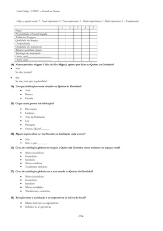 Vitório Fidalgo | ESHTE – Mestrado em Turismo
-124--124-
Utilize a seguinte escala: 1 - Nada importante; 2 - Pouco importante; 3 - Média importância; 4 - Muito importante; 5 – Fundamental.
1 2 3 4 5
Preço
Proximidade a Ponta Delgada
Ambiente/Imagem
Qualidade do Serviço
Hospitalidade
Qualidade do alojamento
Relação qualidade/preço
Tipologia de alojamento
Outra, qual:_________________
Outra, qual:_________________
18) Numa próxima viagem à ilha de São Miguel, optava por ficar na Quinta da Grotinha?
 Não
Se não, porquê?
 Sim
Se sim, com que regularidade?
19) Em que habitação esteve alojado na Quinta da Grotinha?
 Azul
 Branca
 Grande
20) O que mais gostou na habitação?
 Decoração
 Limpeza
 Área da Habitação
 Luz
 Paisagem
 Outras, Quais?______
21) Algum aspeto deve ser melhorado na habitação onde esteve?
 Não
 Sim, o quê?_______
22) Grau de satisfação global em relação a Quinta da Grotinha como turismo em espaço rural?
 Muito insatisfeito
 Insatisfeito
 Satisfeito
 Muito satisfeito
 Totalmente satisfeito
23) Grau de satisfação global com a sua estada na Quinta da Grotinha?
 Muito insatisfeito
 Insatisfeito
 Satisfeito
 Muito satisfeito
 Totalmente satisfeito
24) Relação entre a satisfação e as expetativas de oferta do local?
 Muito inferior às expetativas
 Inferior às expetativas
 