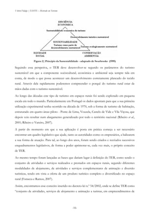 Vitório Fidalgo | ESHTE – Mestrado em Turismo
-16-
Figura 2| Princípio da Sustentabilidade - adaptado de Swarbrooke (1999)
Seguindo essa perspetiva, o TER deve desenvolver-se segundo os parâmetros do turismo
sustentável em que a componente sociocultural, económica e ambiental seja sempre tida em
conta, de modo a que possa acontecer um desenvolvimento corretamente planeado do tecido
rural. Através dele rapidamente poderemos compreender o porquê do turismo rural estar de
mãos dadas com o turismo sustentável.
Ao longo das décadas este tipo de turismo em espaços rurais foi sendo explorado em pequena
escala em todo o mundo. Particularmente em Portugal os dados apontam para que a sua primeira
utilização experimental tenha ocorrido na década de 1970, sob a forma de turismo de habitação,
estruturado em quatro áreas piloto - Ponte de Lima, Vouzela, Castelo de Vide e Vila Viçosa, que
depois veio resultar num alargamento generalizado por todo o território nacional (Ribeiro et al.,
2001; Ribeiro e Vareiro, 2007).
A partir do momento em que a sua aplicação é posta em prática começa a ser necessário
encontrar um quadro legislativo que ajude, tanto as autoridades como os empresários, a balizarem
a sua forma de atuação. Para tal, ao longo dos anos, foram sendo criados e recriados sucessivos
enquadramentos legislativos, de forma a poder aprimorar-se, cada vez mais, o próprio conceito
de TER.
Ao mesmo tempo foram lançadas as bases que dariam lugar à definição do TER, como sendo o
conjunto de atividades e serviços realizados e prestados em espaços rurais, segundo diferentes
modalidades de alojamento, de atividades e serviços complementares de animação e diversão
turísticas, tendo em vista a oferta de um produto turístico completo e diversificado no espaço
rural (Fonseca e Ramos, 2007).
Assim, encontramos esse conceito inserido no decreto-lei n.º 54/2002, onde se define TER como
“conjunto de atividades, serviços de alojamento e animação a turistas, em empreendimentos de
 