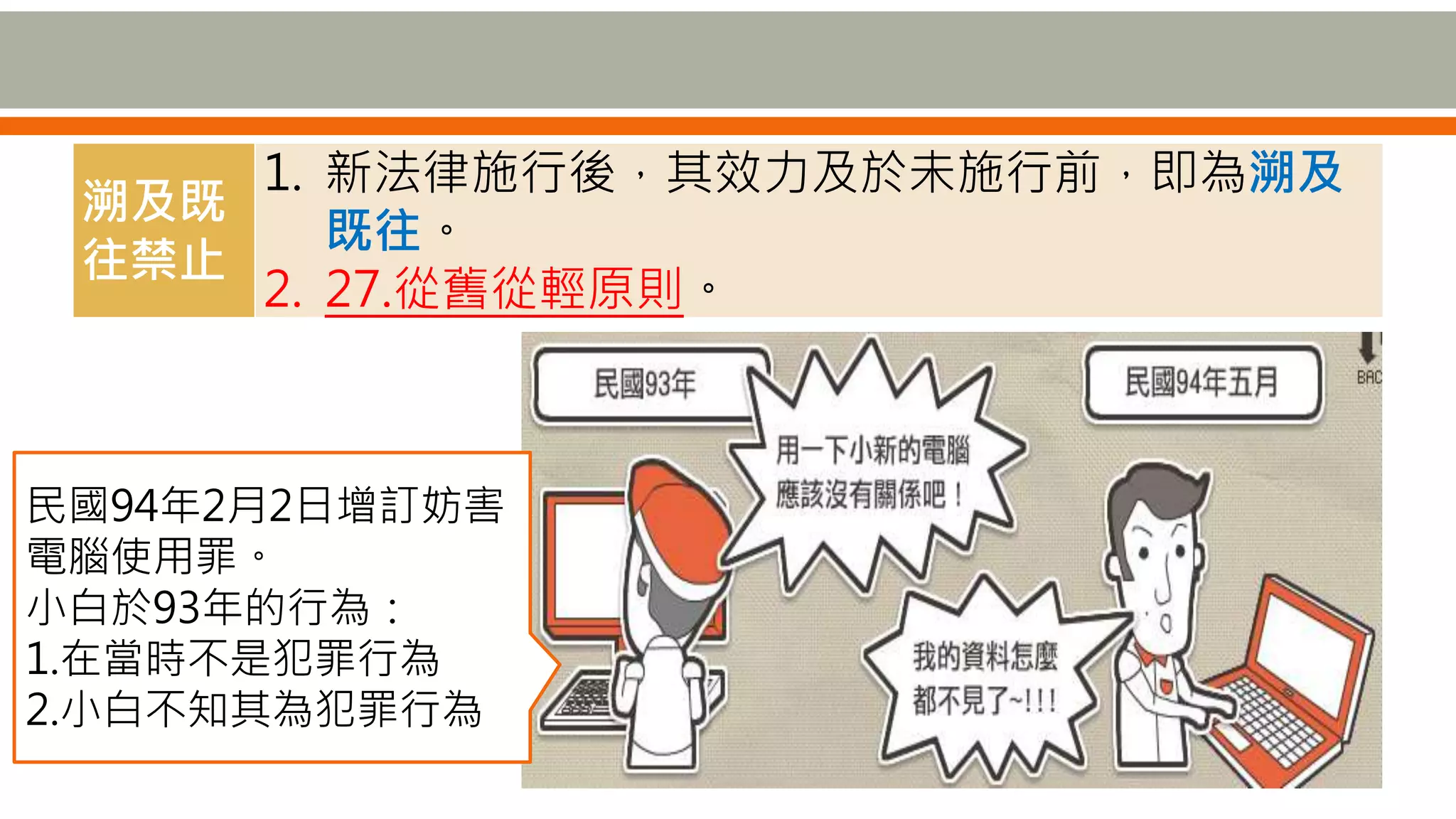 溯及既
往禁止
1. 新法律施行後，其效力及於未施行前，即為溯及
既往。
2. 27.從舊從輕原則。
民國94年2月2日增訂妨害
電腦使用罪。
小白於93年的行為：
1.在當時不是犯罪行為
2.小白不知其為犯罪行為
 
