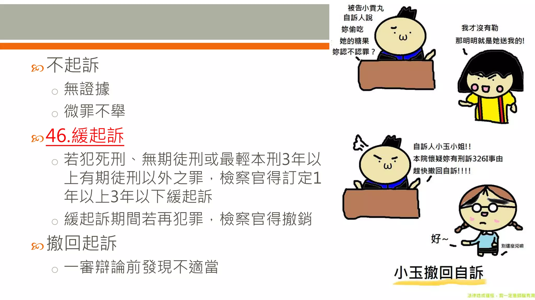 不起訴
o 無證據
o 微罪不舉
46.緩起訴
o 若犯死刑、無期徒刑或最輕本刑3年以
上有期徒刑以外之罪，檢察官得訂定1
年以上3年以下緩起訴
o 緩起訴期間若再犯罪，檢察官得撤銷
撤回起訴
o 一審辯論前發現不適當
 