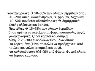 Υδατάνθρακεσ  50–60% των ολικϊν κερμίδων όπου:
 -10–20% απλοί υδατάνκρακεσ  φροφτα, λαχανικά
 -40–50% ςφνκετοι υδατάνκρακεσ  δθμθτριακά
 ολικισ αλζςεωσ και όςπρια.
 Πρωτεΐνεσ  15–25% των ολικϊν κερμίδων
 όπου πρζπει να περιζχονται ψάρι, κοτόπουλο, αυγό,
 γαλακτοκομικά, ξθροί καρποί και όςπρια.
 Λίπη  25–30% των ολικϊν κερμίδων όπου:
 -τα κορεςμζνα (15γρ. το πολφ) να προζρχονται από
 πουλερικά, γαλακτοκομικά και αυγά.
 -τα πολυακόρεςτα (Ω3-Ω6) από ψάρια, φυτικά ζλαια
 και ξθροφσ καρποφσ.


                                                     11
 