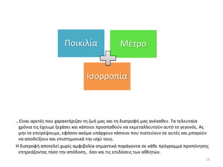 Ποικιλία                 Μζτρο


                                Ιςορροπία



…Είναι αρετζσ που χαρακτιριηαν τθ ηωι µασ και τθ διατροφι µασ ανζκακεν. Τα τελευταία
 χρόνια τισ ζχουµε ξεχάςει και κάποιοι προςπακοφν να εκµεταλλευτοφν αυτό το γεγονόσ. Ασ
 µθν το επιτρζψουµε, εφόςον ακόµα υπάρχουν κάποιοι που πιςτεφουν ςε αυτζσ και µποροφν
 να αποδείξουν και επιςτθµονικά τθν ιςχφ τουσ.
Θ διατροφι αποτελεί χωρίσ αµφιβολία ςθµαντικό παράγοντα ςε κάκε πρόγραµµα προπόνθςθσ
 επθρεάηοντασ τόςο τθν απόδοςθ, όςο και τισ επιδόςεισ των ακλθτϊν.
                                                                                     13
 