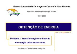 Escola Secundária Dr. Augusto César da Silva Ferreira

                  Disciplina de Biologia Geologia 10º ano

                                2007-2008




       OBTENÇÃO DE ENERGIA


Unidade 3: Transformação e utilização
    de energia pelos seres vivos

       Professora Cidália Santos de Aguiar
 