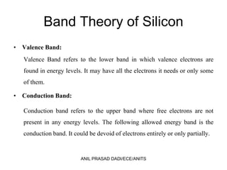 Band Theory of Silicon
• Valence Band:
Valence Band refers to the lower band in which valence electrons are
found in energy levels. It may have all the electrons it needs or only some
of them.
• Conduction Band:
Conduction band refers to the upper band where free electrons are not
present in any energy levels. The following allowed energy band is the
conduction band. It could be devoid of electrons entirely or only partially.
ANIL PRASAD DADI/ECE/ANITS
 