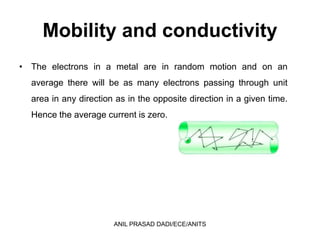 Mobility and conductivity
• The electrons in a metal are in random motion and on an
average there will be as many electrons passing through unit
area in any direction as in the opposite direction in a given time.
Hence the average current is zero.
ANIL PRASAD DADI/ECE/ANITS
 