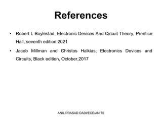 References
ANIL PRASAD DADI/ECE/ANITS
• Robert L Boylestad, Electronic Devices And Circuit Theory, Prentice
Hall, seventh edition,2021
• Jacob Millman and Christos Halkias, Electronics Devices and
Circuits, Black edition, October,2017
 