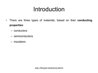 Introduction
• There are three types of materials, based on their conducting
properties:
– conductors
– semiconductors
– insulators
ANIL PRASAD DADI/ECE/ANITS
 