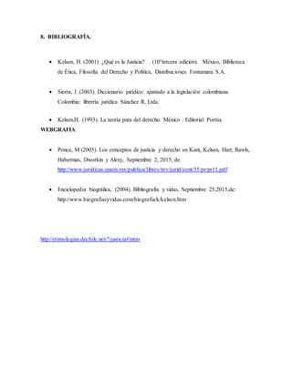 8. BIBLIOGRAFÍA.
 Kelsen, H. (2001). ¿Qué es la Justicia? . (10°tercera edición). México, Biblioteca
de Ética, Filosofía del Derecho y Política, Distribuciones Fontamara S.A.
 Sierra, J. (2003). Diccionario jurídico: ajustado a la legislación colombiana.
Colombia: librería jurídica Sánchez R. Ltda.
 Kelsen,H. (1993). La teoría pura del derecho. México : Editorial Porrúa
WEBGRAFIA
 Ponce, M (2005). Los conceptos de justicia y derecho en Kant, Kelsen, Hart, Rawls,
Habermas, Dworkin y Alexy, Septiembre 2, 2015, de:
http://www.juridicas.unam.mx/publica/librev/rev/jurid/cont/35/pr/pr11.pdf
 Enciclopedia biográfica, (2004). Bibliografía y vidas, Septiembre 25,2015,de:
http://www.biografiasyvidas.com/biografia/k/kelsen.htm
http://etimologias.dechile.net/?justicia#intro
 