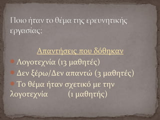 Απαντήσεις που δόθηκαν
Λογοτεχνία (13 μαθητές)
Δεν ξέρω/Δεν απαντώ (3 μαθητές)
Το θέμα ήταν σχετικό με την
λογοτεχνία (1 μαθητής)
 