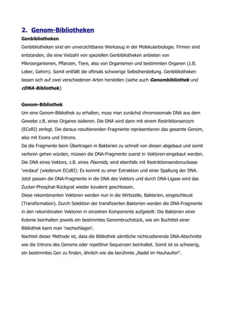 2. Genom-Bibliotheken
Genbibliotheken
Genbibliotheken sind ein unverzichtbares Werkzeug in der Molekularbiologie. Firmen sind
entstanden, die eine Vielzahl von speziellen Genbibliotheken anbieten von
Mikroorganismen, Pflanzen, Tiere, also von Organismen und bestimmten Organen (z.B.
Leber, Gehirn). Somit entfällt die oftmals schwierige Selbstherstellung. Genbibliotheken
lassen sich auf zwei verschiedenen Arten herstellen (siehe auch Genombibliothek und
cDNA-Bibliothek).


Genom-Bibliothek
Um eine Genom-Bibliothek zu erhalten, muss man zunächst chromosomale DNA aus dem
Gewebe z.B. eines Organes isolieren. Die DNA wird dann mit einem Restriktionsenzym
(ECoRI) zerlegt. Die daraus resultierenden Fragmente repräsentieren das gesamte Genom,
also mit Exons und Introns.
Da die Fragmente beim Übertragen in Bakterien zu schnell von diesen abgebaut und somit
verloren gehen würden, müssen die DNA-Fragmente zuerst in Vektoren eingebaut werden.
Die DNA eines Vektors, z.B. eines Plasmids, wird ebenfalls mit Restriktionsendonuclease
'verdaut' (wiederum ECoRI): Es kommt zu einer Extraktion und einer Spaltung der DNA.
Jetzt passen die DNA-Fragmente in die DNA des Vektors und durch DNA-Ligase wird das
Zucker-Phosphat-Rückgrat wieder kovalent geschlossen.
Diese rekombinanten Vektoren werden nun in die Wirtszelle, Bakterien, eingeschleust
(Transformation). Durch Selektion der transfizierten Bakterien werden die DNA-Fragmente
in den rekombinaten Vektoren in einzelnen Komponente aufgeteilt: Die Bakterien einer
Kolonie beinhalten jeweils ein bestimmtes Genombruchstück, wie ein Buchtitel einer
Bibliothek kann man 'nachschlagen'.
Nachteil dieser Methode ist, dass die Bibliothek sämtliche nichtcodierende DNA-Abschnitte
wie die Introns des Genoms oder repetitive Sequenzen beinhaltet. Somit ist es schwierig,
ein bestimmtes Gen zu finden, ähnlich wie die berühmte „Nadel im Heuhaufen“.
 