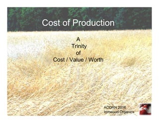 Cost of Production
A
Trinity
of
Cost / Value / Worth
ACORN 2016
Ironwood Organics
 