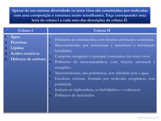 Nuno Correia 11/12
9
Apesar da sua enorme diversidade os seres vivos são constituídos por moléculas
com uma composição e estrutura muito semelhantes. Faça corresponder uma
letra da coluna l a cada uma das descrições da coluna II.
Coluna I Coluna II
1. Água
2. Proteínas
3. Lípidos
4. Ácidos nucleicos
5. Hidratos de carbono
1. Polímeros de aminoácidos, com funções estrutural e enzimática.
2. Macromoléculas que armazenam e transferem a informação
hereditária.
3. Composto inorgânico e principal constituinte dos seres vivos.
4. Polímeros de monossacarídeos, com funções estrutural e
energética.
5. Macromoléculas, não poliméricas, sem afinidade para a água.
6. Excelente solvente, formado por moléculas inorgânicas, com
polaridade.
7. Incluem os triglicerídeos, os fosfolípidos e o colesterol.
8. Polímeros de nucleótidos.
 