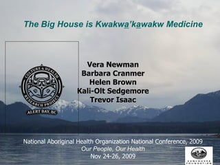 The Big House is Kwakwa’kawakw Medicine



                     Vera Newman
                    Barbara Cranmer
                      Helen Brown
                   Kali-Olt Sedgemore
                       Trevor Isaac




National Aboriginal Health Organization National Conference, 2009
                     Our People, Our Health
                         Nov 24-26, 2009
 