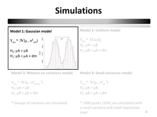 Simulations
Model 1: Gaussian model               Model 2: Uniform model

Ygcs ~ N (µ , σ²obs)                  Ygcs ~ U (a,b)
                                      H0: µA = µB
H0: µA = µB                           H1: µB = µA + dm
H1: µB = µA + dm



Model 3: Mixture on variances model   Model 4: Small variances model

Ygcs ~ N (µ , σ²group *)              Ygcs ~ N (µ , σ²gv *)
H0: µA = µB                           H0: µA = µB
H1: µB = µA + dm                      H1: µB = µA + dm

* Groups of variance are simulated    * 1000 genes (10%) are simulated with
                                      a small variance and small expression
                                      level                                   12
 