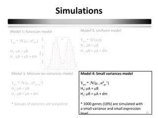 Simulations
Model 1: Gaussian model               Model 2: Uniform model

Ygcs ~ N (µ , σ²obs)                  Ygcs ~ U (a,b)
                                      H0: µA = µB
H0: µA = µB                           H1: µB = µA + dm
H1: µB = µA + dm



Model 3: Mixture on variances model   Model 4: Small variances model

Ygcs ~ N (µ , σ²group *)              Ygcs ~ N (µ , σ²gv *)
H0: µA = µB                           H0: µA = µB
H1: µB = µA + dm                      H1: µB = µA + dm

* Groups of variance are simulated    * 1000 genes (10%) are simulated with
                                      a small variance and small expression
                                      level                                   15
 