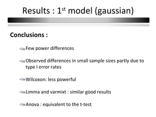 Results : 1st model (gaussian)

Conclusions :
     Few power differences

     Observed differences in small sample sizes partly due to
     type I error rates

     Wilcoxon: less powerful

     Limma and varmixt : similar good results

     Anova : equivalent to the t-test
 