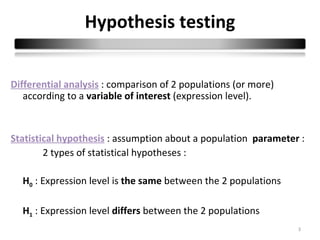 Hypothesis testing


Differential analysis : comparison of 2 populations (or more)
   according to a variable of interest (expression level).


Statistical hypothesis : assumption about a population parameter :
        2 types of statistical hypotheses :

  H0 : Expression level is the same between the 2 populations

  H1 : Expression level differs between the 2 populations
                                                                3
 