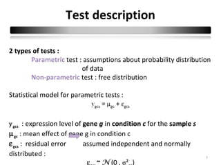 Test description

2 types of tests :
       Parametric test : assumptions about probability distribution
                        of data
       Non-parametric test : free distribution

Statistical model for parametric tests :
                           ygcs = µgc + εgcs

y gcs : expression level of gene g in condition c for the sample s
µ gc : mean effect of gene g in condition c
ε gcs : residual error      assumed independent and normally
distributed :                                                        7
                             ε ~ N (0 , σ² )
 