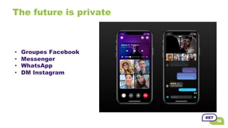 The future is private
•  Groupes Facebook
•  Messenger
•  WhatsApp
•  DM Instagram
 