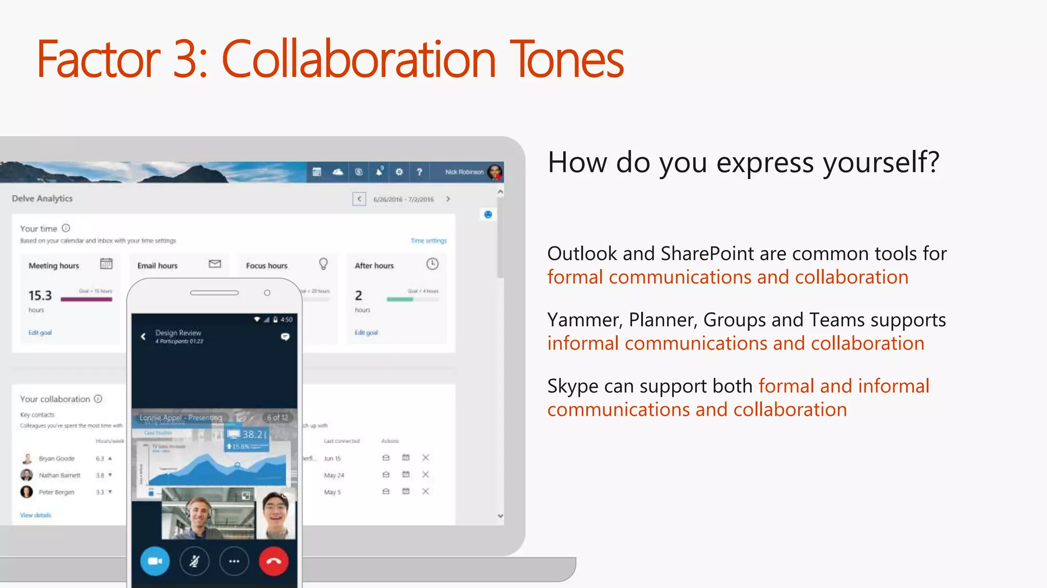 Factor 3: Collaboration Tones
How do you express yourself?
Outlook and SharePoint are common tools for
formal communications and collaboration
Yammer, Planner, Groups and Teams supports
informal communications and collaboration
Skype can support both formal and informal
communications and collaboration
 